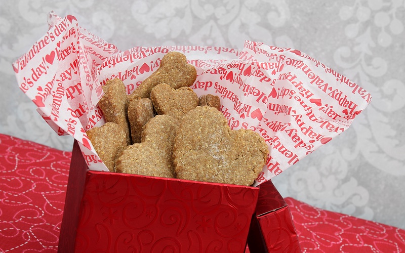 Valentine's day dog treats in red bag in Panama City.